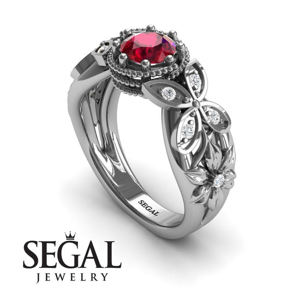 Unique Engagement Ring 14K White Gold Butterfly And Flowers Vintage Ruby With Diamond 
