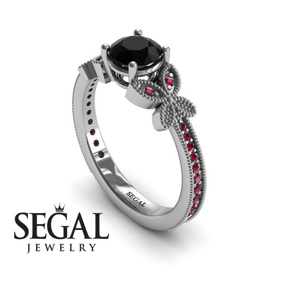 Unique Engagement Ring 14K White Gold Butterfly Victorian Edwardian Black Diamond With Ruby 