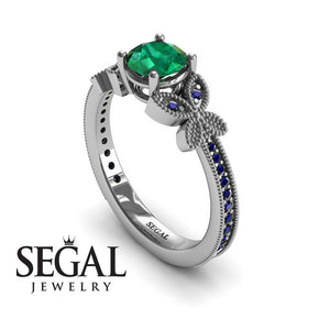Unique Engagement Ring 14K White Gold Butterfly Victorian Edwardian Green Emerald With Sapphire 
