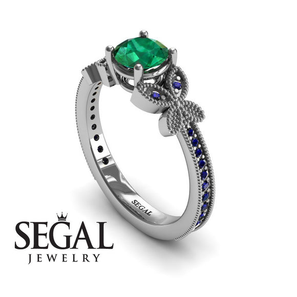 Unique Engagement Ring 14K White Gold Butterfly Victorian Edwardian Green Emerald With Sapphire 
