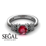 Unique Engagement Ring 14K White Gold Butterfly Victorian Edwardian Ruby With Black Diamond 