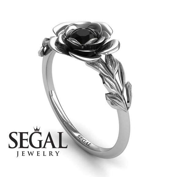 Unique Engagement Ring 14K White Gold Floral Flower And Leafs Vintage Black Diamond 