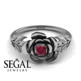 Unique Engagement Ring 14K White Gold Floral Flower And Leafs Vintage Ruby 