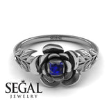 Unique Engagement Ring 14K White Gold Floral Flower And Leafs Vintage Sapphire 