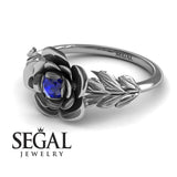 Unique Engagement Ring 14K White Gold Floral Flower And Leafs Vintage Sapphire 