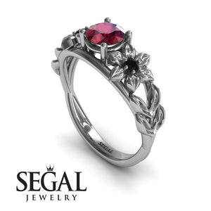 Unique Engagement Ring 14K White Gold Floral Flowers And Leafs Vintage Art Deco Ruby With Black Diamond 