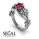 Unique Engagement Ring 14K White Gold Floral Flowers Antique Ruby With Diamond 