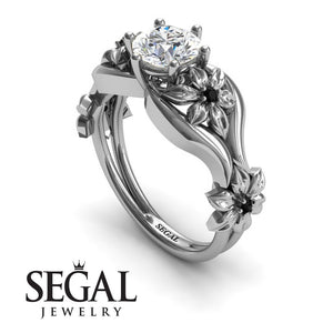 Unique Engagement Ring 14K White Gold Floral Flowers Antique Diamond With Black Diamond 