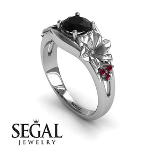 Unique Engagement Ring 14K White Gold Floral Flowers Vintage Antique Black Diamond With Ruby 