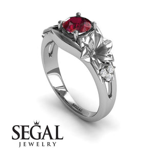 Unique Engagement Ring 14K White Gold Floral Flowers Vintage Antique Ruby With Diamond 
