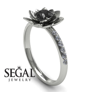 Unique Engagement Ring 14K White Gold Flower Black Diamond With Diamond 