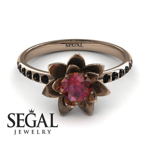 Unique Engagement Ring 14K Rose Gold Flower Ruby With Black Diamond 