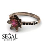 Unique Engagement Ring 14K Rose Gold Flower Ruby With Black Diamond 