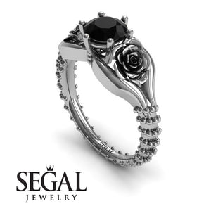 Unique Engagement Ring 14K White Gold Flower Vintage Black Diamond 