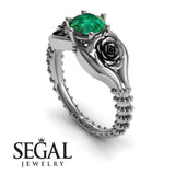 Unique Engagement Ring 14K White Gold Flower Vintage Green Emerald 