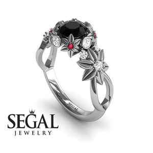 Unique Engagement Ring 14K White Gold Flowers And Branches Art Deco Edwardian Black Diamond With White diamond 