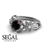 Unique Engagement Ring 14K White Gold Flowers And Branches Art Deco Edwardian Black Diamond With White diamond 