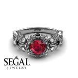 Unique Engagement Ring 14K White Gold Flowers And Branches Art Deco Edwardian Ruby With Black Diamond 