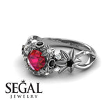 Unique Engagement Ring 14K White Gold Flowers And Branches Art Deco Edwardian Ruby With Black Diamond 