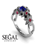 Unique Engagement Ring 14K White Gold Flowers And Branches Art Deco Edwardian Sapphire With Ruby 