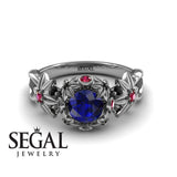Unique Engagement Ring 14K White Gold Flowers And Branches Art Deco Edwardian Sapphire With Ruby 