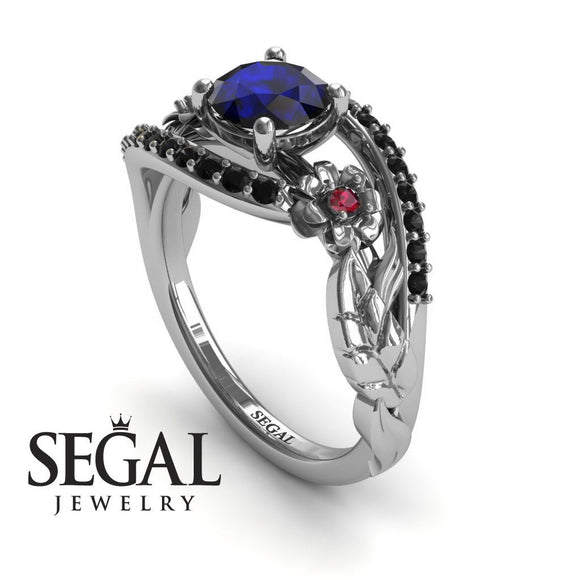 Unique Engagement Ring 14K White Gold Flowers And Leafs Sapphire With Ruby And Black Diamond 