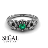 Unique Engagement Ring 14K White Gold Flowers Art Deco FiligreeGreen Emerald With Black Diamond 