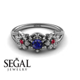Unique Engagement Ring 14K White Gold Flowers Art Deco FiligreeSapphire With Ruby 