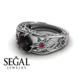 Unique Engagement Ring 14K White Gold Flowers Leafs Vintage Art Deco Black Diamond With Ruby 