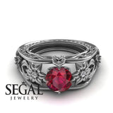 Unique Engagement Ring 14K White Gold Flowers Leafs Vintage Art Deco Ruby With Diamond 