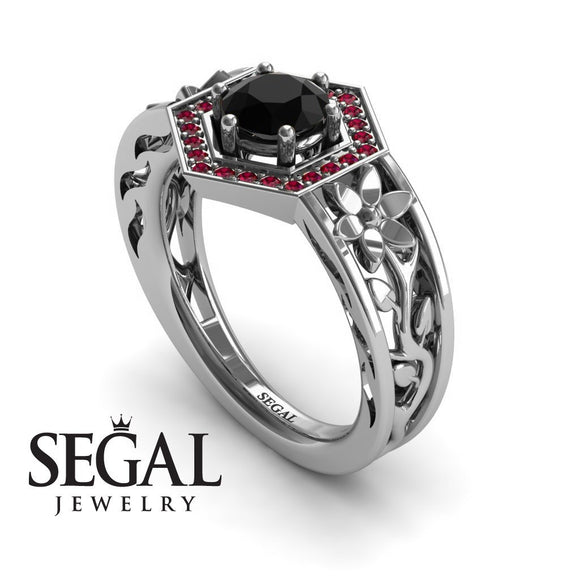 Unique Engagement Ring 14K White Gold Flowers Vintage Victorian FiligreeBlack Diamond With Ruby 