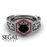 Unique Engagement Ring 14K White Gold Flowers Vintage Victorian FiligreeBlack Diamond With Ruby 
