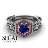 Unique Engagement Ring 14K White Gold Flowers Vintage Victorian FiligreeSapphire With Ruby 
