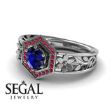 Unique Engagement Ring 14K White Gold Flowers Vintage Victorian FiligreeSapphire With Ruby 