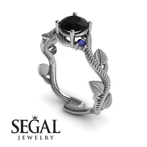 Unique Engagement Ring 14K White Gold Leafs And Branches Art Deco Black Diamond With Sapphire 