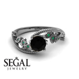 Unique Engagement Ring 14K White Gold Leafs And Branches Victorian FiligreeBlack Diamond With Green Emerald 