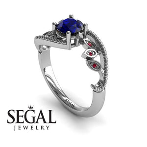 Unique Engagement Ring 14K White Gold Leafs And Branches Victorian FiligreeSapphire With Ruby 