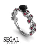Unique Engagement Ring 14K White Gold Leafs And Branches Vintage Black Diamond With Ruby 