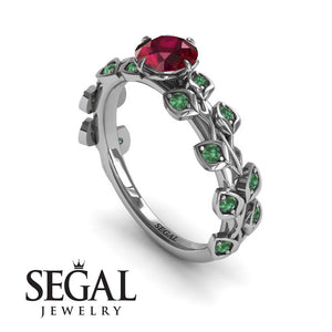 Unique Engagement Ring 14K White Gold Leafs And Branches Vintage Ruby With Green Emerald 