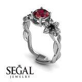 Unique Engagement Ring 14K White Gold Ruby Black Diamond With Black Diamond 