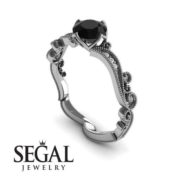 Unique Engagement Ring 14K White Gold Victorian Edwardian Black Diamond With Diamond 