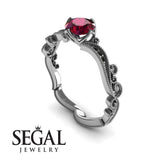 Unique Engagement Ring 14K White Gold Victorian Edwardian Ruby With Black Diamond 