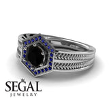 Unique Engagement Ring 14K White Gold Vintage Art Deco Edwardian FiligreeBlack Diamond With Sapphire 