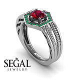 Unique Engagement Ring 14K White Gold Vintage Art Deco Edwardian FiligreeRuby With Green Emerald 