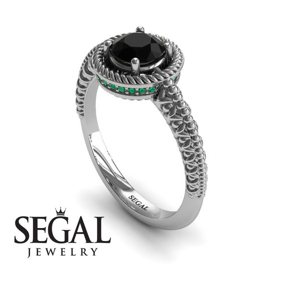 Unique Engagement Ring 14K White Gold Vintage Art Deco Victorian Edwardian FiligreeBlack Diamond With Green Emerald 