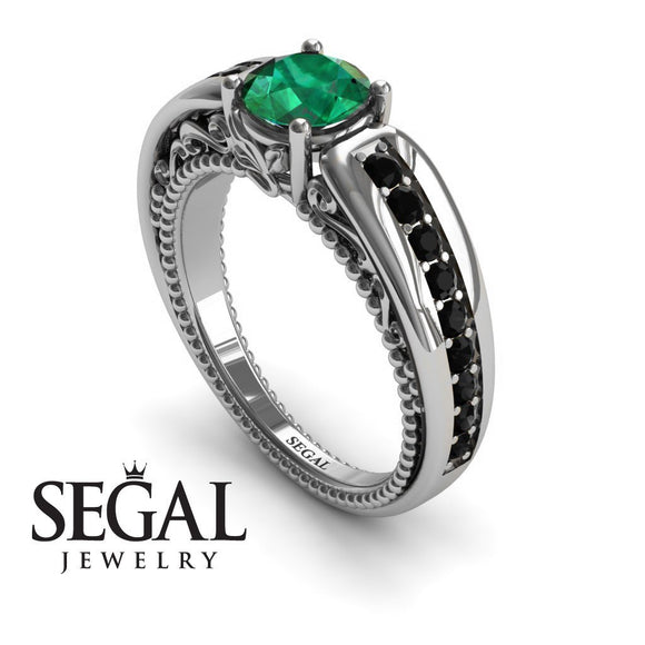 Unique Engagement Ring 14K White Gold Vintage Art Deco Victorian Edwardian Green Emerald With Black Diamond 