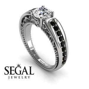 Unique Engagement Ring 14K White Gold Vintage Art Deco Victorian Edwardian Diamond With Black Diamond 