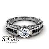 Unique Engagement Ring 14K White Gold Vintage Art Deco Victorian Edwardian Diamond With Black Diamond 