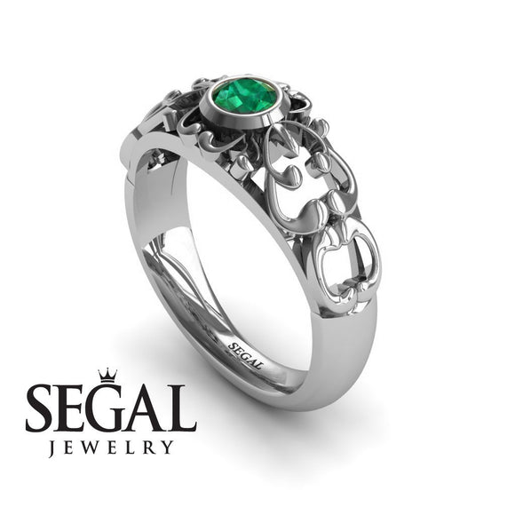 Unique Engagement Ring 14K White Gold Vintage FiligreeGreen Emerald 