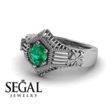 Unique Engagement Ring 14K White Gold Vintage Victorian Edwardian FiligreeGreen Emerald 
